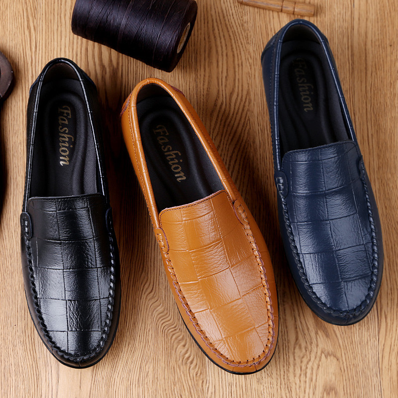 Men's Shoes Summer Men's Hollow Casual Shoes Leather Shoes Korean Version Breathable Lazy Peas Shoes Leather Soft Sole All-match Shoes