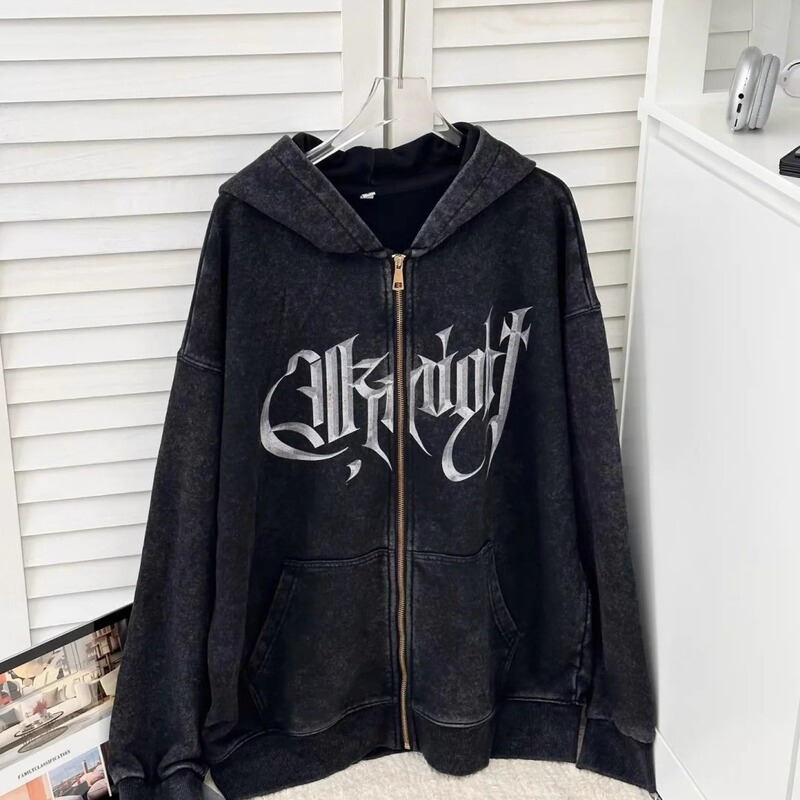 Liu Yaowen Style Jacket, Washed Black Hooded Zip-Up Sweatshirt, Unisex, Autumn and Winter Fleece-Lined Merchandise