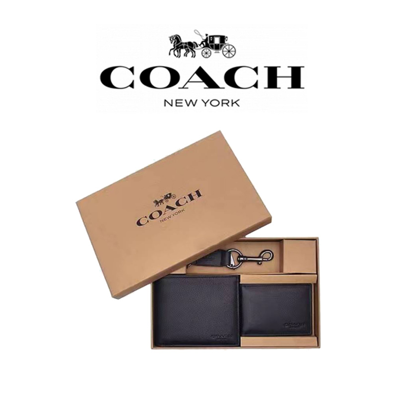 Coach Compact Casual Men's Calfskin Card Holder Wallet Keychain Black