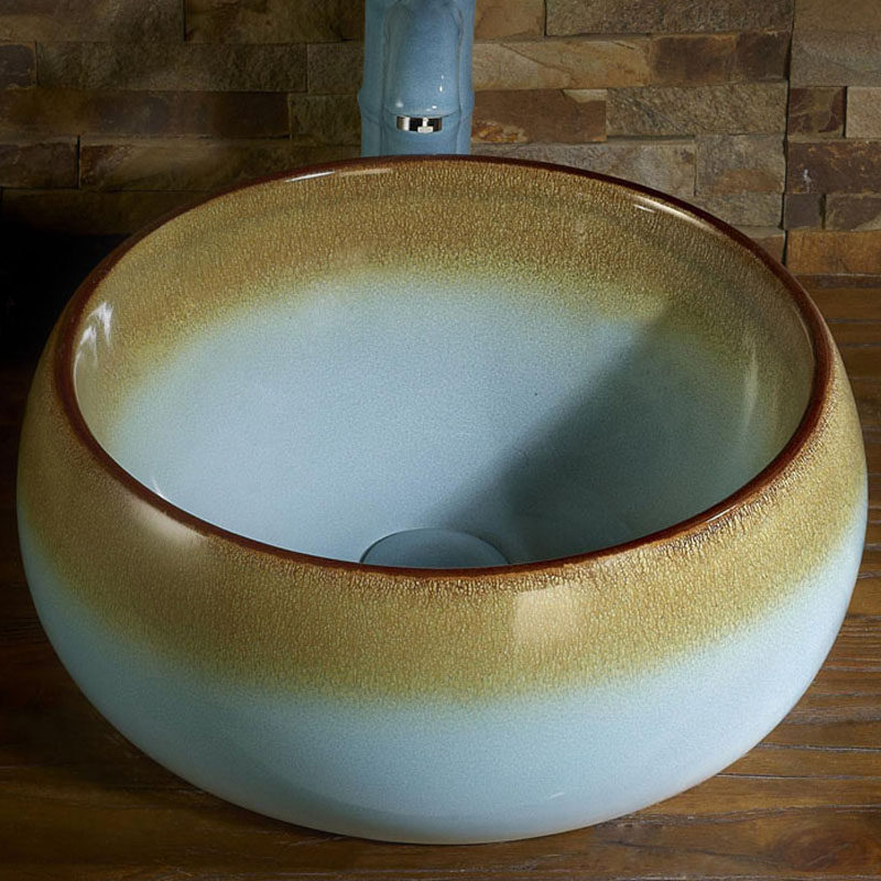 Round kiln turn blue yellow art washbasin counter basin Retro American gradient color ceramic wash wash basin