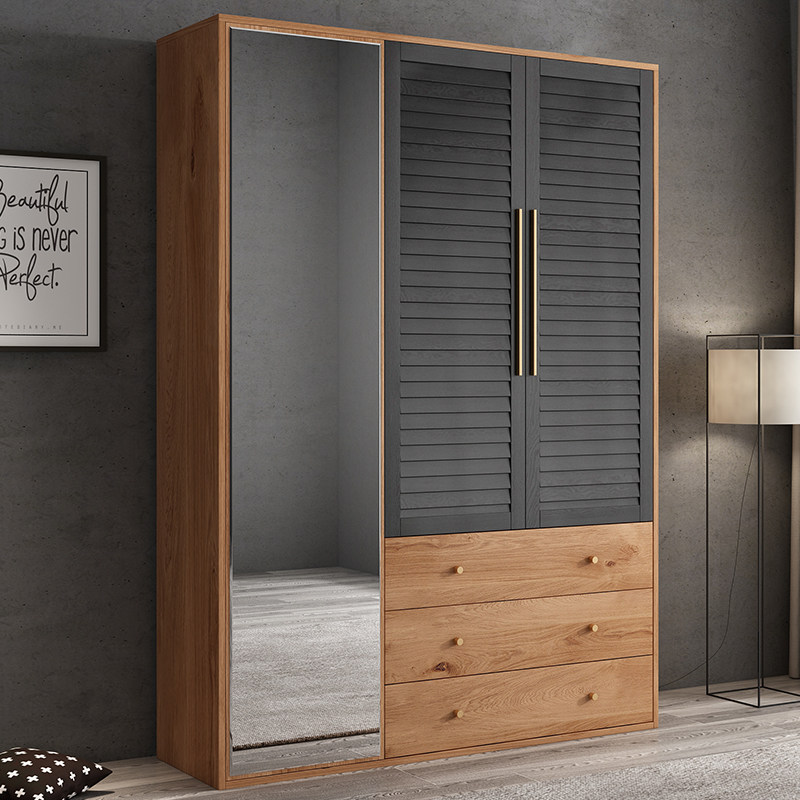 Nordic three-door wardrobe modern minimalist assembly closet full body mirror clothing hood cabinet containing storage economy type large cabinet