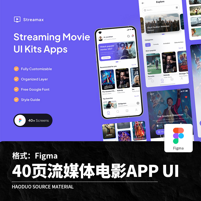 40-Page Purple Movie Streaming Tv Series Playback App Program Ui Interface Figma Template Design Material