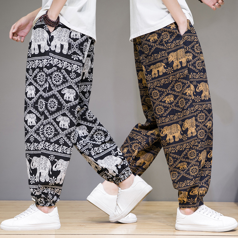 Ethnic Style Thai Elephant Print Casual Pants Men's Beach Summer Linen Loose Pants Black and White Pattern Harem Pants Ethnic Style Thai Elephant Print Casual Pants Men's Beach Summer Linen Loose Pants Black and White Pattern Harem Pants