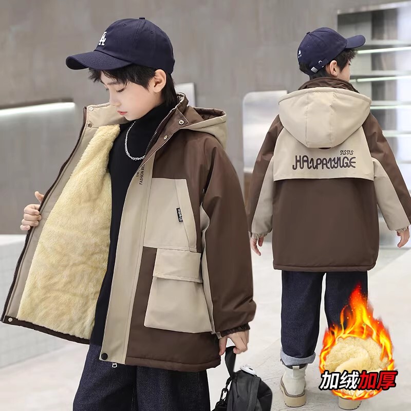 Boys' Winter Fleece-Lined Jacket, Children's Windbreaker, Thickened Parka, Stylish Cotton Coat for Older Kids