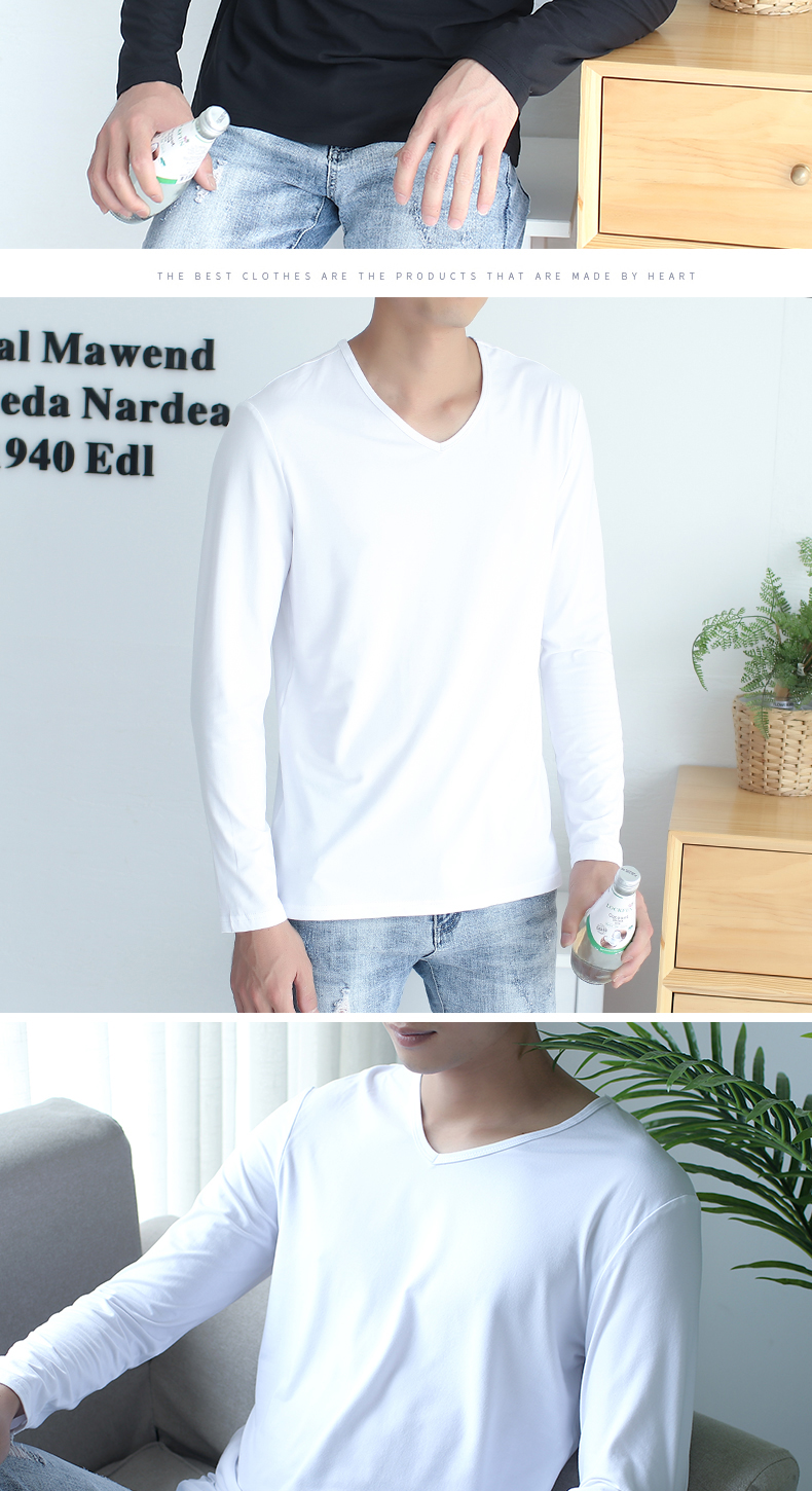 Áo thun nam dài tay Modal mùa đông trắng lỏng màu rắn quần áo mùa thu chạm đáy áo sơ mi body áo sơ mi mùa thu áo thun có cổ nam