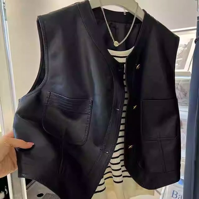 Pu Leather Vest for Women, Short Style, 2024 Autumn New Korean Style Outfit, Biker Jacket, Sleeveless Vest, Waistcoat Jacket Top