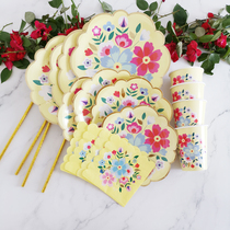 Chinese style yellow flower paper tray paper cup paper towel straw party party high grade disposable tableware cake dish