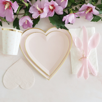 Pink heart-shaped high-value party paper tray paper cup paper towel straw knife fork spoon wedding birthday party supplies