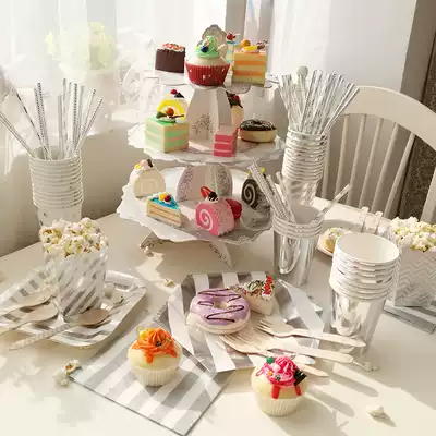 New silver stripe pattern set disposable paper tray paper cup paper towel dessert cake tray factory direct sale