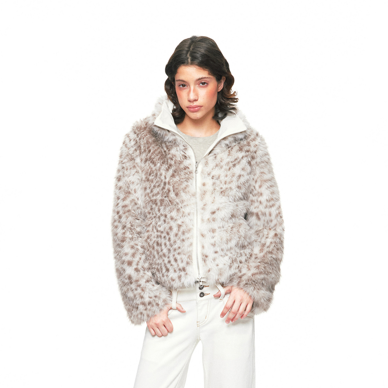 Seenthemoon* Reversible Leopard Print Plush Faux Fur Coat with Ykk Zipper and Turn-Down Collar Short Jacket Seenthemoon* Reversible Leopard Print Plush Faux Fur Coat with Ykk Zipper and Turn-Down Collar Short Jacket