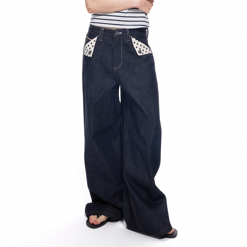 Seenthemoon* Vintage Red-Edged Raw Denim Design with Embroidered Polka Dots and Folded Pockets Pure Cotton Straight-Leg Jeans Seenthemoon* Vintage Red-Edged Raw Denim Design with Embroidered Polka Dots and Folded Pockets Pure Cotton Straight-Leg Jeans