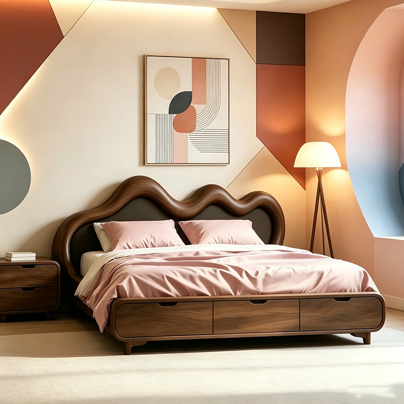 New Chinese-Style North American Black Walnut Solid Wood Bed, Song-Style Aesthetic Creative Design Double Bed, Bedroom Children's Bed Furniture New Chinese-Style North American Black Walnut Solid Wood Bed, Song-Style Aesthetic Creative Design Double Bed, Bedroom Children's Bed Furniture