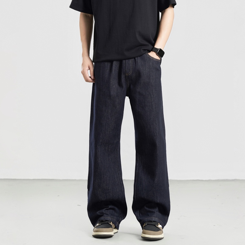 No Burger American-Style Raw Denim Jeans, Dark Blue Pants for Men, Slightly Flared Straight-Leg, Loose Fit, Large Size, Original Color Wide-Leg Pants
