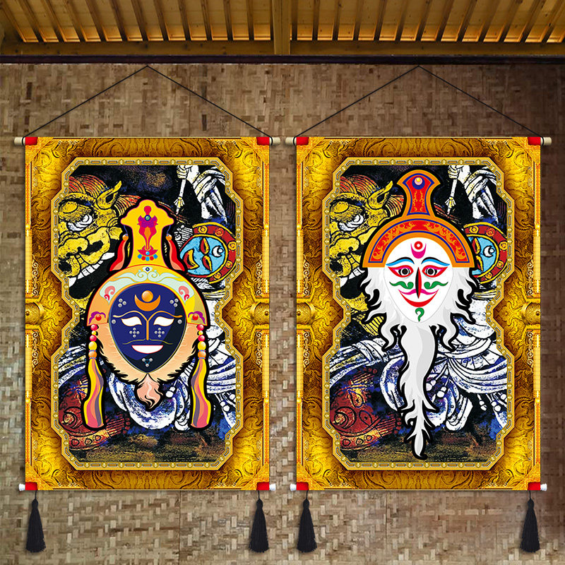 Tibetan Tibetan-style cloth painting Tibetan opera mask mask hanging cloth Tibetan folk culture cloth painting homestay decorative tapestry