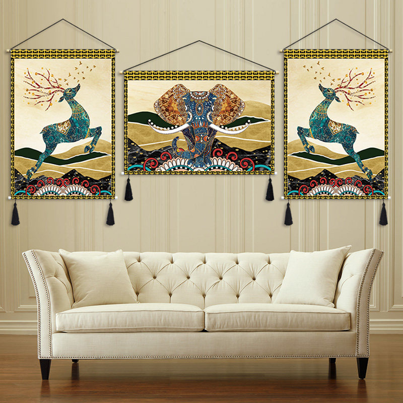 Modern Nordic hanging canvas art elephant deer cloth painting sofa background wall bedside decorative painting hanging cloth three-piece tapestry