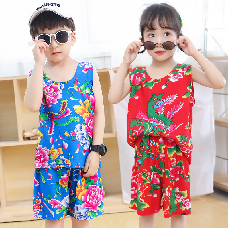Northeast big flower cloth clothes pants suit boys and girls summer baby cotton silk pajamas short-sleeved vest shorts