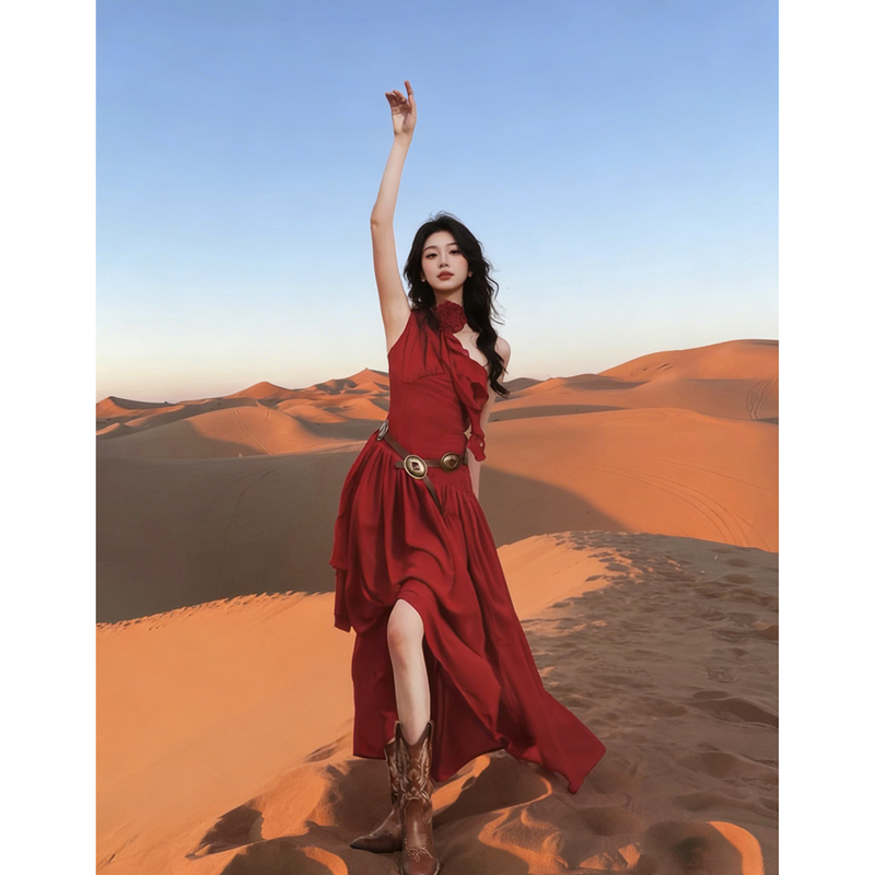 Yoyo LAOSHU Northwest Dunhuang Desert Xinjiang Travel Outfit Red Dress Photo Shoot Dress for Women Yoyo LAOSHU Northwest Dunhuang Desert Xinjiang Travel Outfit Red Dress Photo Shoot Dress for Women