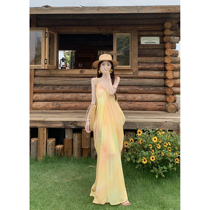 Beautiful Island Outfit Set, Beach Vacation Dress, Southeast Asian Bright Style, Yellow Dopamine Dress for Women