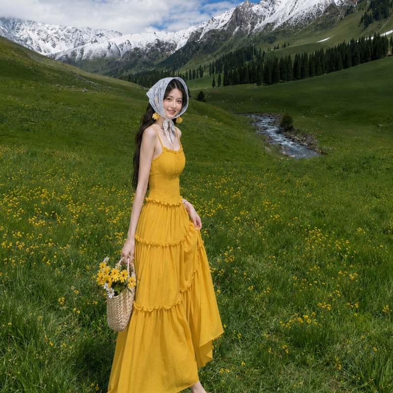 Youyoujia Xinjiang Sichuan-Western China Travel Grassland Photoshoot Outfit Yellow Bright Dopamine Umbrella Skirt Waist-Cinching Dress