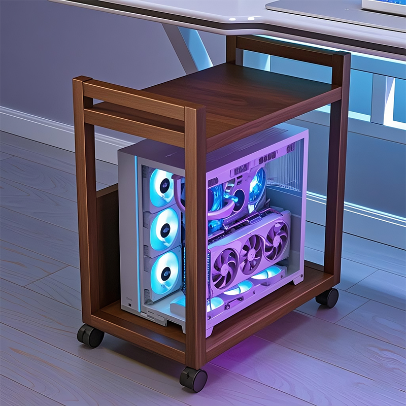 Floor-standing main case storage rack near the desk