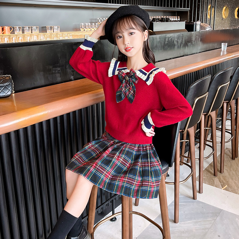 Girls Autumn Dresses New Western Style Pleated Skirts 2022 Fashion Children's Autumn Korean Version Long Sleeve Plaid Skirts