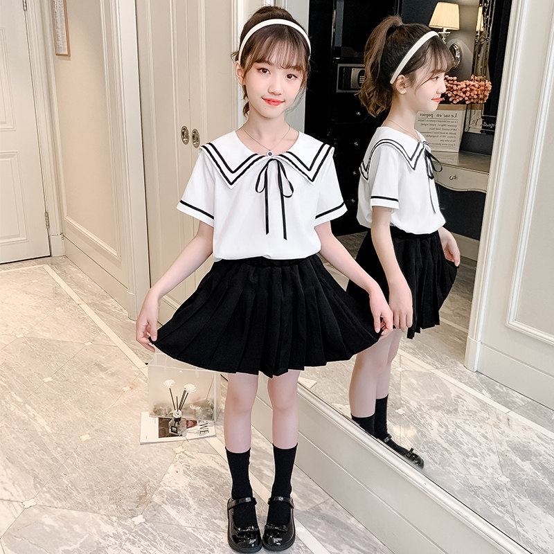 Girls summer dress net red dress 2022 new summer children's short-sleeved western style skirt college style two-piece set
