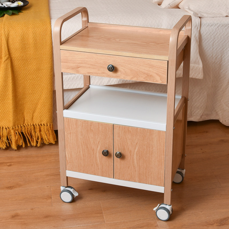 Original Wood Color Beauty Stroller Sun Style Tool Car Rack With Drawer Cabinet Multifunction mobile with foot brake cart