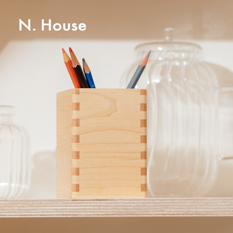 N House Solid Wood Pen Holder Retro Desktop Office Creative Fashion Cute Stationery Pen Storage Box