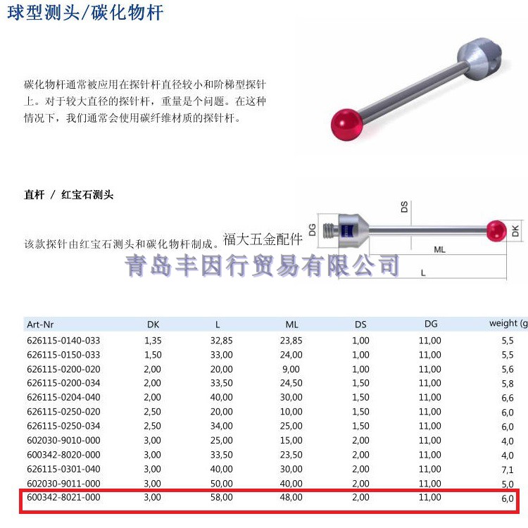 German Cai Division 600342-8021-000 Zeiss Cai Division Three-coordinate measuring pin M5 measuring head 3 0 × 58L