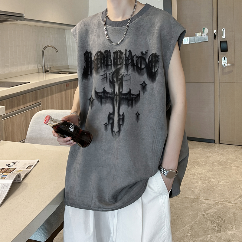 American-Style Suede Vest for Men, Summer Loose Fit, Cool and Stylish, Trendy Brand Short-Sleeve Top, Men's Sleeveless T-Shirt