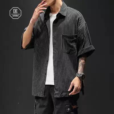 Summer Japanese vertical stripe seven-point sleeve shirt men's large size loose trend 7 points short sleeve fat Tide brand shirt