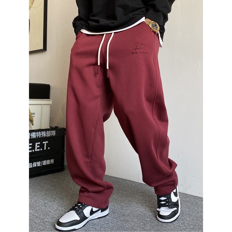 Spring and Autumn American-Style Casual High-End Burgundy Knit Sweatpants for Men, Straight Loose Drawstring Wide-Leg Sports Pants Trendy Spring and Autumn American-Style Casual High-End Burgundy Knit Sweatpants for Men, Straight Loose Drawstring Wide-Leg Sports Pants Trendy