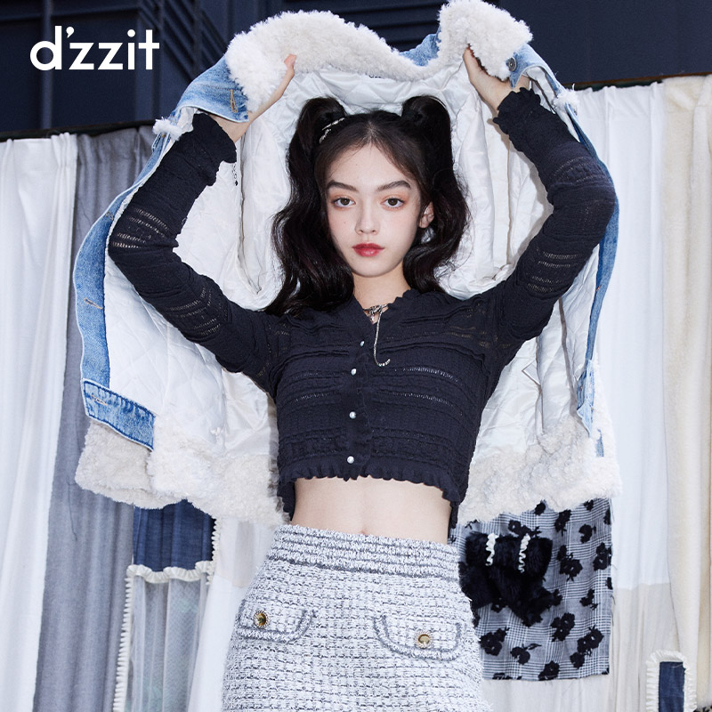 dzzit ground vegan spring summer special cabinet new fashion black knit lotus leaf side short version opencoat female 3D4E5091A