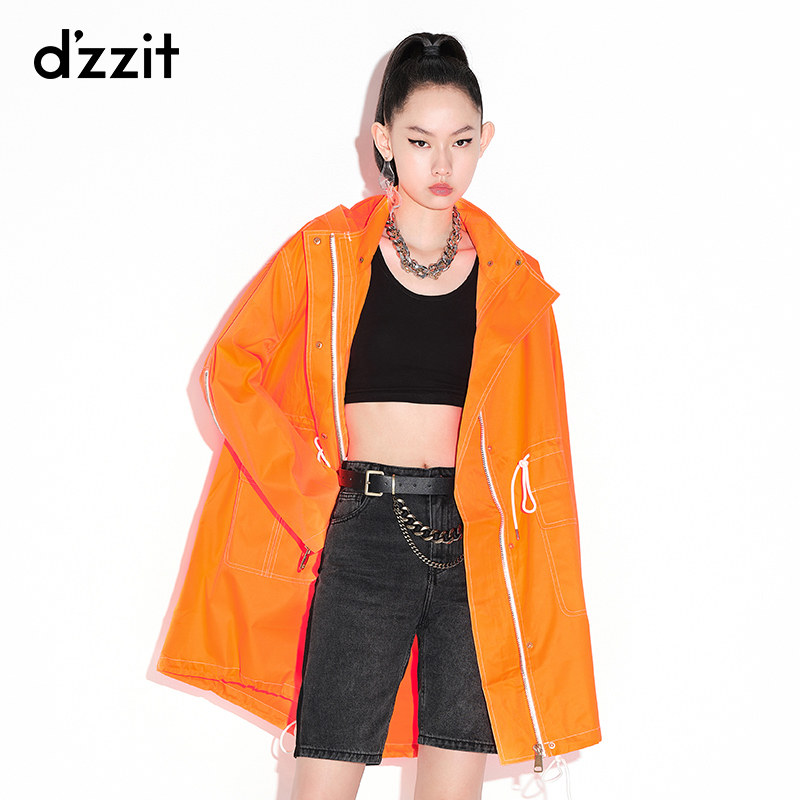 dzzit ground vegan autumn winter dress new fluorescent orange windproof drawing rope tooling jacket windsuit woman 3C1F6031M