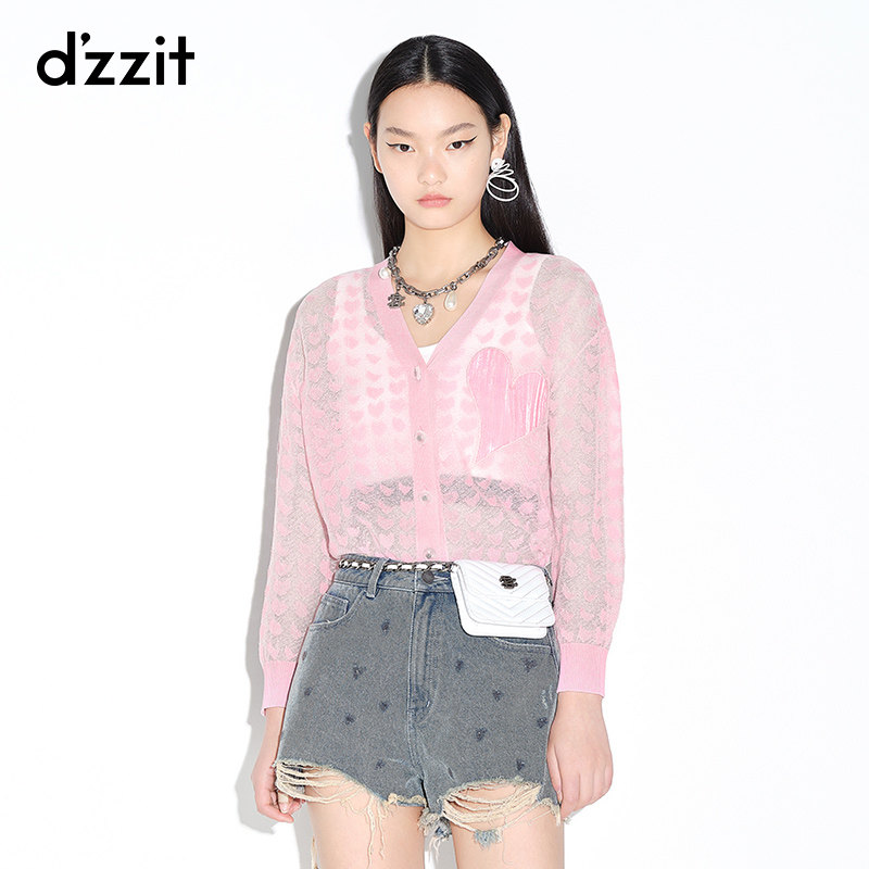 Dzzit ground vegan spring summer new gender cloth sweet pink thin knitted blouse women casual cardigan jacket