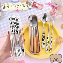Chopsticks spoon suit for office workers portable chopsticks one person with cute stainless steel fork three pieces of cutlery