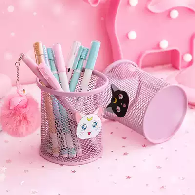 Pink pen holder girl ins student pen holder storage desktop girl heart cute wrought iron storage bucket Nordic round