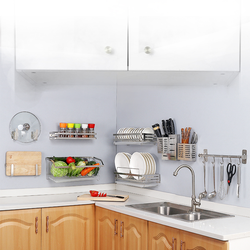 304 stainless steel pot cover rack chopping board cutting board knife rack wall hanging seasoning storage layer rack nail-free kitchen rack hanger