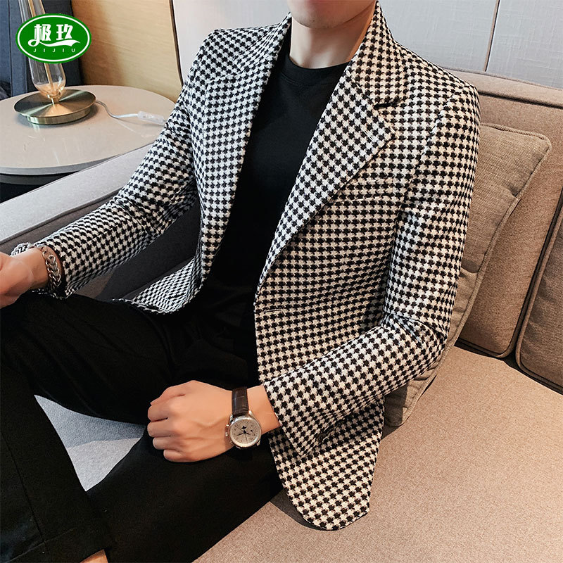 Men's Casual Houndstooth Suit Jacket, Business Slim Fit, Stylish and Fashionable Single-Breasted Casual Plaid Top
