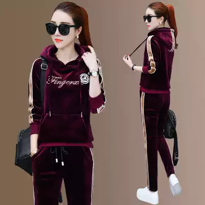 2020 new gold velvet casual sportswear suit women autumn and winter fashion plus velvet padded loose loose sweater two-piece