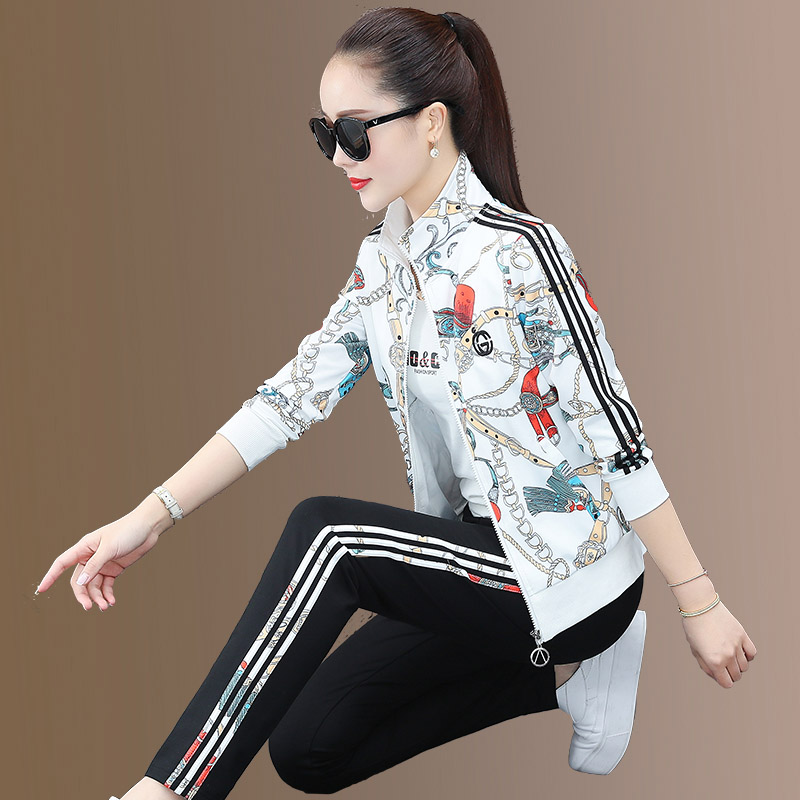 Spring Sports Suit Women 2022 New Casual Fashion Trends Printed Jacket Loose Foreign Display Slim Three Sets