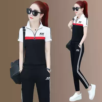 2021 summer Korean version of stand collar casual sports suit women's color splicing short sleeve trousers large size two-piece set