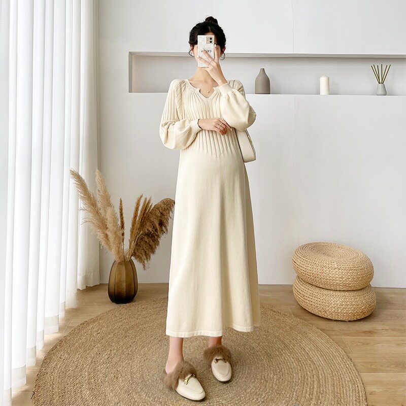 Pregnant women's autumn dress knitted autumn and winter long sleeve fashion v-collar long style inside and outside wear knee commute solid color