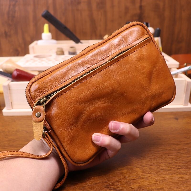 Hand-Painted First-Layer Cowhide Clutch Bag, Vintage Multi-Pocket Genuine Leather Wallet, Simple Zipper Large-Capacity Phone Bag