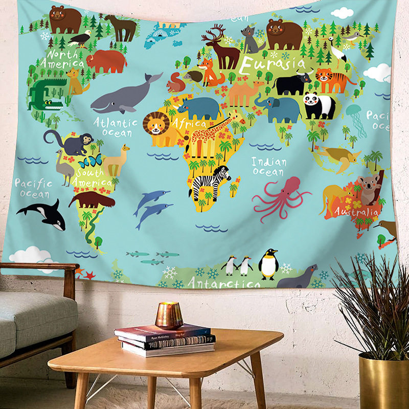 Cartoon Animal World Map Walls Children's Room Backroom Clothes Bedroom Decorated Wall Dormitory Tapestry