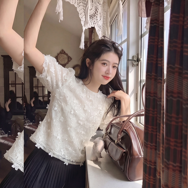 2026 Summer French Puff Sleeve Lace Top for Women in Apricot with 3D Floral Sequins, High-End and Youthful Blouse