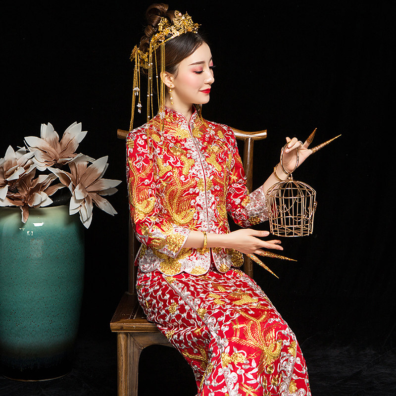 Handmade Embroidery Big Five Forong Phoenix Hanging Bride 2022 New Spring Chinese Ancient Wedding Dress Wedding Gown Show And Qipao