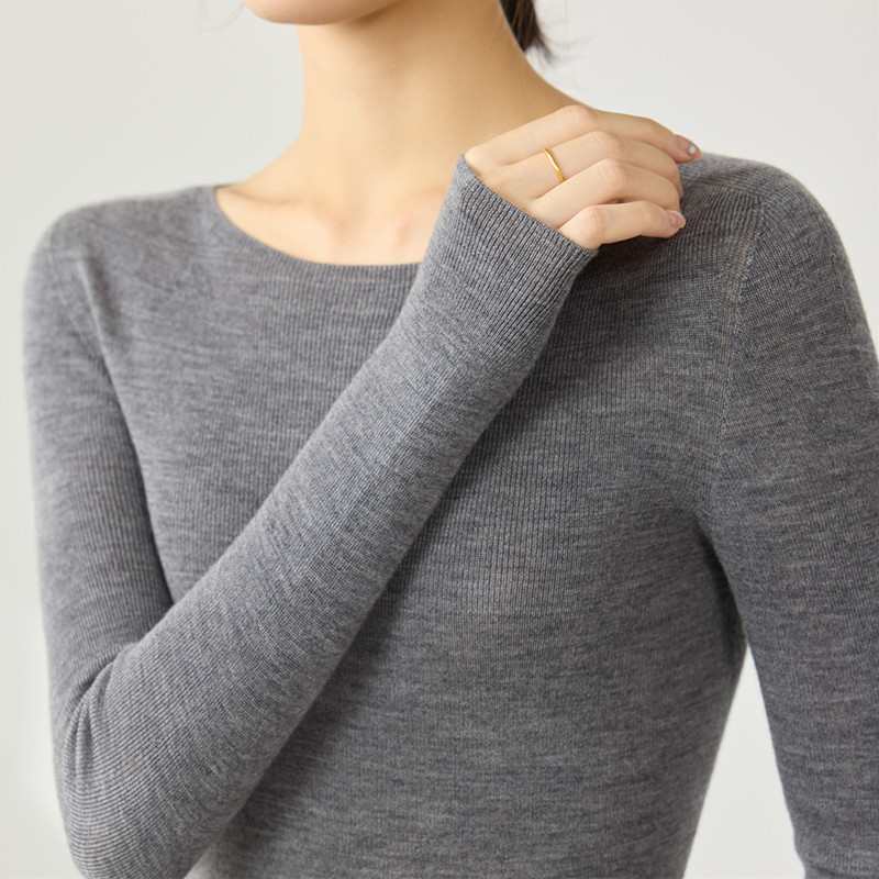 Yangzi Yarn Ribbed Crew Neck Pure Wool Sweater for Women, Fine Knit Base Layer Seamless Pullover Knit Sweater Trendy