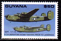 Pelican World War II stamp~B24 Liberator bomber bombing Tarawa 1 new ticket content See description