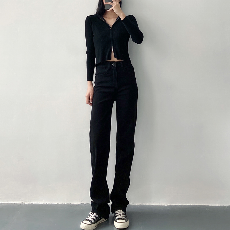 2022 Spring and autumn clothes new high waist display slim display high body elastic black straight drum jeans female tug pants